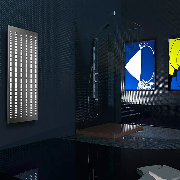 Szagato Designheizkörper Broken Mirror 2 - B x H: 470 x 1.200 mm, Wärmeleistung bei Vorlauftemperatur von 75 °C (D: 50): 799 W, Ohne Handtuchhalter - Schwarzes Badezimmer mit beleuchtetem Heizkörper und Glasdusche. Das Beleuchtungs-Heizkörper-Design sorgt für Wärme und Stil.