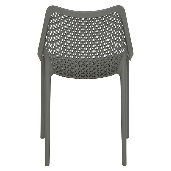 Siena Garden Urban Lights Gartenmöbel-Set District Sessel/Sola Tisch - Tisch (L x B x H): 160 x 90 x 71 cm, Sessel (L x B x H): 50 x 60 x 81 cm, 5 -tlg., Polypropylen, Grau/Anthrazit, Stapelbar - Rückansicht eines modernen grauen Stuhls mit einem Rückenmuster aus Dreiecken, der sich ideal für den Innen- und Außenbereich eignet.