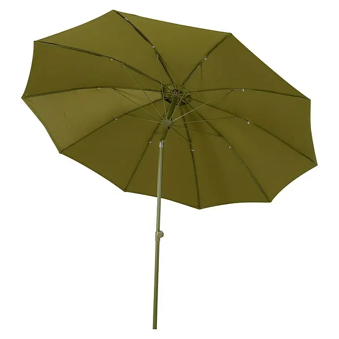 Siena Garden Marktschirm rund Paolo - Olive, Durchmesser Bespannung: 270 cm - Nahaufnahme eines grünen Sonnenschirms mit Schirmständer, ideal für sonnige Tage im Freien.