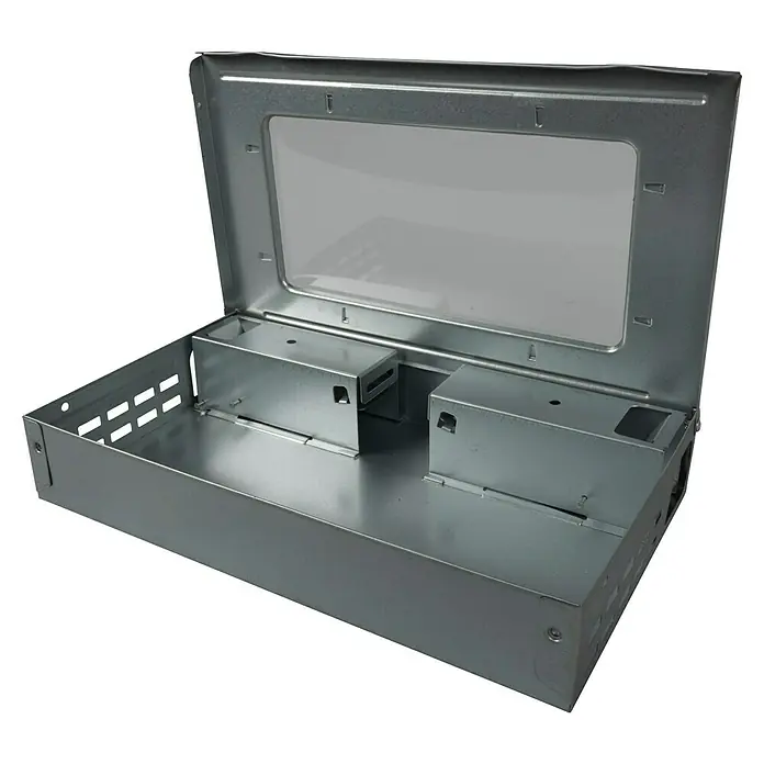 Mausefalle - Lebendfalle, Metall - Eine offene, silberfarbene Mehrfach-Lebendfalle für Mäuse, ideal zur Schädlingsbekämpfung in Innenräumen ohne Chemikalien oder Giftstoffe.
