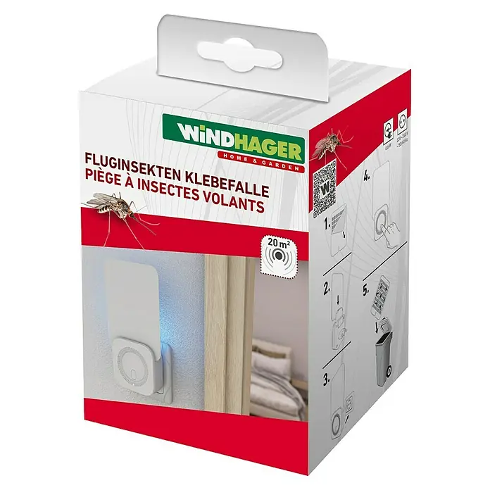 Windhager Klebefalle Fluginsekten UV - Weiß - Abbildung der Verpackung der Windhager Fluginsekten-Klebefalle für den Innenbereich mit Anwendungsbeispielen und Herstellerlogo.