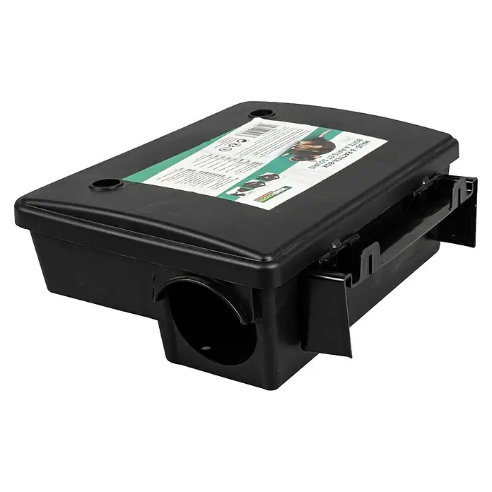 Windhager Mäuseköderbox 2 in 1 - Kunststoff - Eine schwarze Köderbox für Mäuse und Ratten, mit einer grünen Etikette und Eingängen an der Seite.