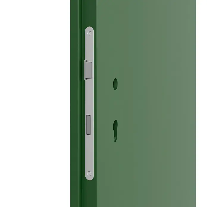 GetaDoor Getalit Zimmertür FM8237 - 860 x 1.985 mm, DIN Anschlag: Links, Edeltanne, Röhrenspan - Nahaufnahme einer grünen Tür mit einem silbernen Einsteckschloss. Das Schloss ist länglich und hat mehrere Öffnungen für Schlüssel und Riegel.