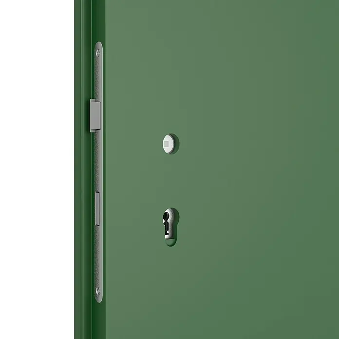 GetaDoor Getalit Zimmertür FM8237 - 860 x 1.985 mm, DIN Anschlag: Links, Edeltanne, Röhrenspan - Nahaufnahme einer grünen Tür mit silbernem Türschloss und Beschlägen, die Sicherheit und Stil vereinen.