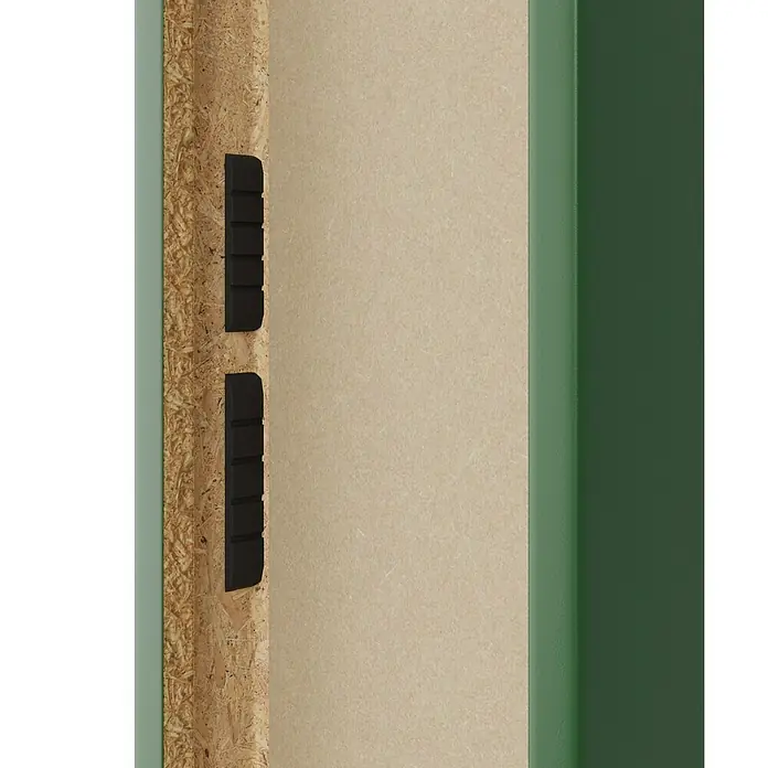 GetaDoor Getalit Türzarge FM8237 - 735 x 1.985 mm, Wandstärke: 185 mm, DIN Anschlag: Rechts, Edeltanne - Detailansicht einer Holzkonstruktion mit schwarzen Gummistreifen und grüner Kante. Die Materialien und Bauweise sind deutlich erkennbar.