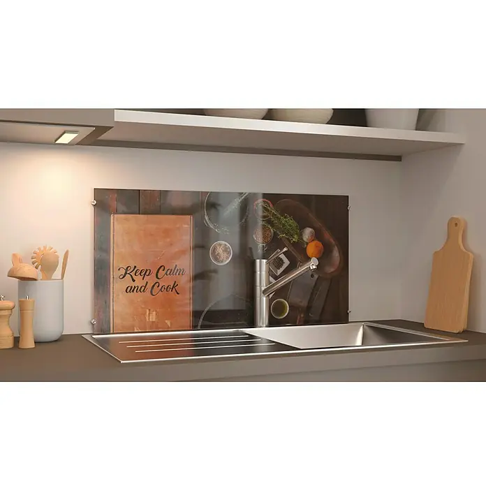 CUCINE Glaspunkthalter - Passend für: Cucine Küchenrückwände aus Glas, 4 Stk. - Küchenrückwand mit "Keep Calm and Cook"-Aufdruck, Spüle und Küchenutensilien. Die Rückwand schützt und dekoriert den Küchenbereich stilvoll.