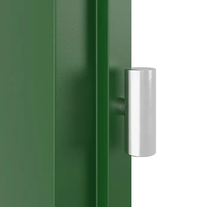 GetaDoor Getalit Zimmertür FM8237 - 860 x 1.985 mm, DIN Anschlag: Links, Edeltanne, Röhrenspan - Detailansicht eines robusten, grünen Schrankes mit einem eleganten, zylindrischen Metallgriff. Das Design vereint Funktionalität mit moderner Ästhetik.