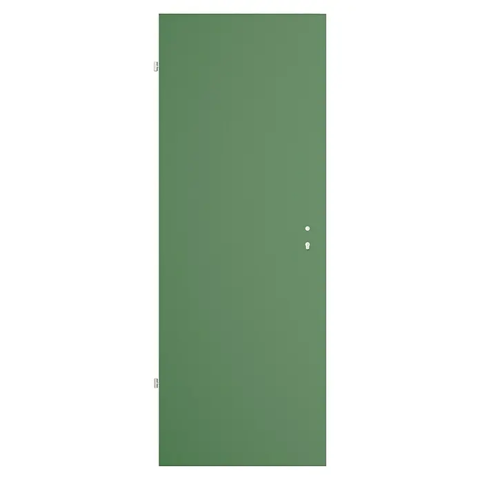 GetaDoor Getalit Zimmertür FM8237 - 735 x 1.985 mm, DIN Anschlag: Links, Edeltanne, Röhrenspan - Eine grüne Tür mit einem einfachen Design und silbernen Beschlägen, die einen modernen und minimalistischen Look verleiht.