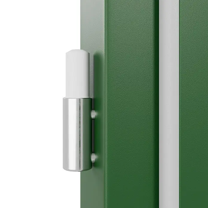 GetaDoor Getalit Türzarge FM8237 - 735 x 1.985 mm, Wandstärke: 185 mm, DIN Anschlag: Rechts, Edeltanne - Nahaufnahme eines Scharniers an einer grünen Tür.