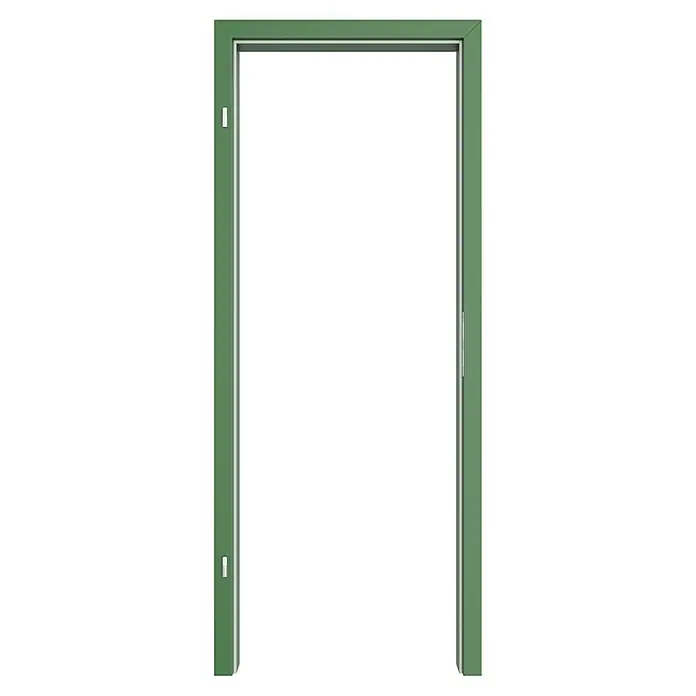 GetaDoor Getalit Türzarge FM8237 - 735 x 1.985 mm, Wandstärke: 125 mm, DIN Anschlag: Links, Edeltanne - Grüner Türrahmen mit silberfarbenen Akzenten, der einen klaren, modernen Look bietet und die Türöffnung optisch hervorhebt.