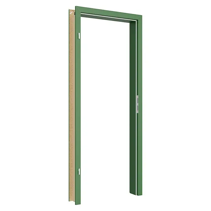 GetaDoor Getalit Türzarge FM8237 - 735 x 1.985 mm, Wandstärke: 125 mm, DIN Anschlag: Links, Edeltanne - Nahaufnahme eines grünen Türrahmens mit hervorgehobenen Details und Textur, ideal für Innenarchitekturprojekte.