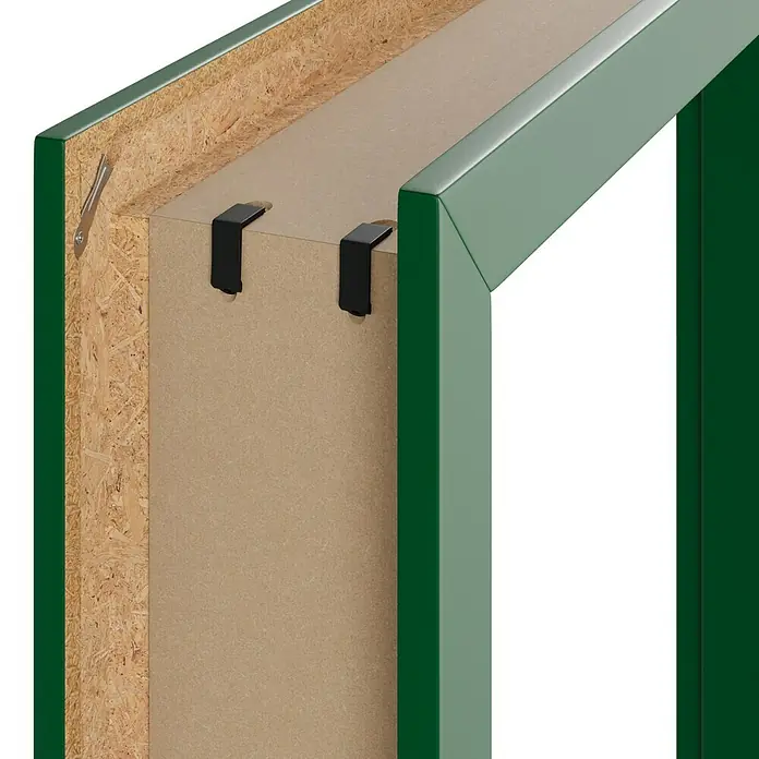 GetaDoor Getalit Türzarge FM8237 - 735 x 1.985 mm, Wandstärke: 185 mm, DIN Anschlag: Rechts, Edeltanne - Detailansicht einer grünen Schranktür mit schwarzen Beschlägen, die die Konstruktion zeigt.