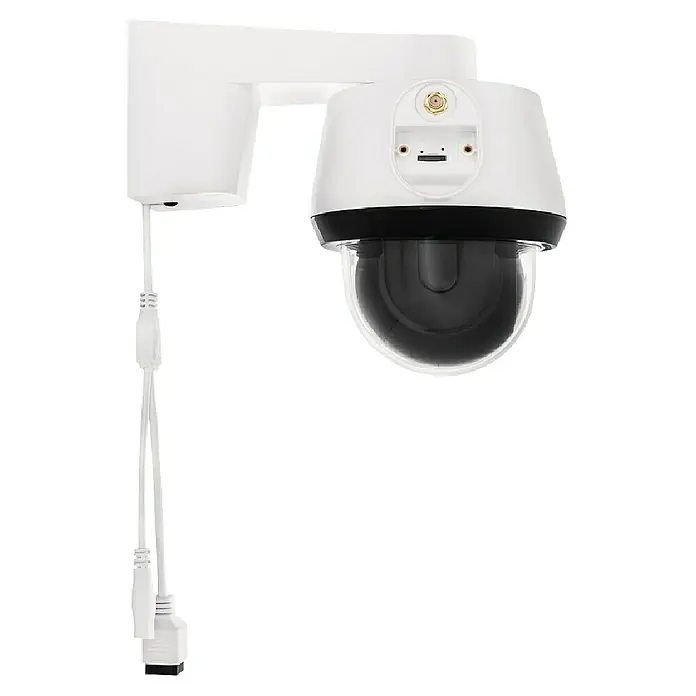 Abus Überwachungskamera Smartlook PPIC52520 WS - Auflösung: 4K Ultra HD/HDR, Weiß - Eine Überwachungskamera mit weißem Gehäuse und Kabeln, die an einer Wandhalterung befestigt ist.