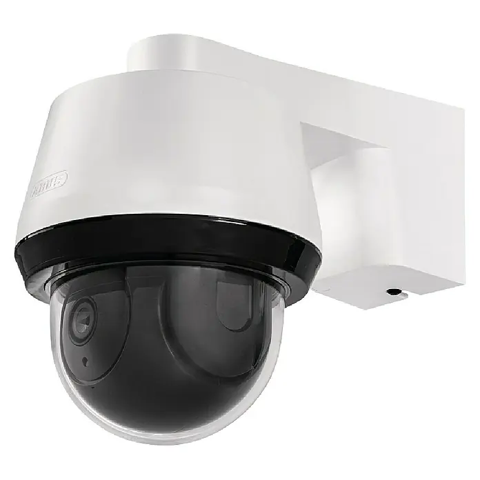 Abus Überwachungskamera Smartlook PPIC52520 WS - Auflösung: 4K Ultra HD/HDR, Weiß - Überwachungskamera für den Außenbereich. Die Kamera ist weiß mit schwarzem Akzent und einer klaren Kuppel.