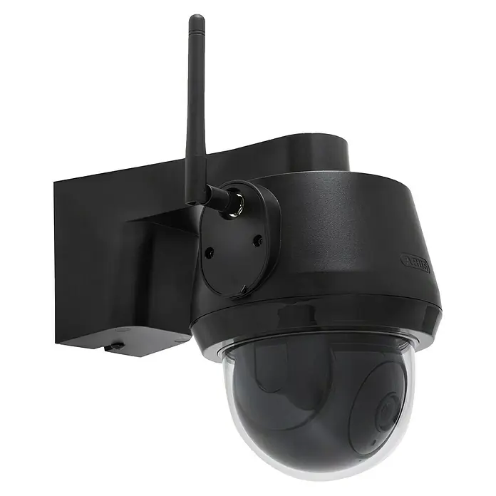 Abus Überwachungskamera Zusatzkamera Easylook PPDF17620 - Auflösung: 1.024 x 600 Pixel, Schwarz - Nahaufnahme einer schwarzen ABUS Überwachungskamera mit Antenne, die an einer Wand montiert ist.
