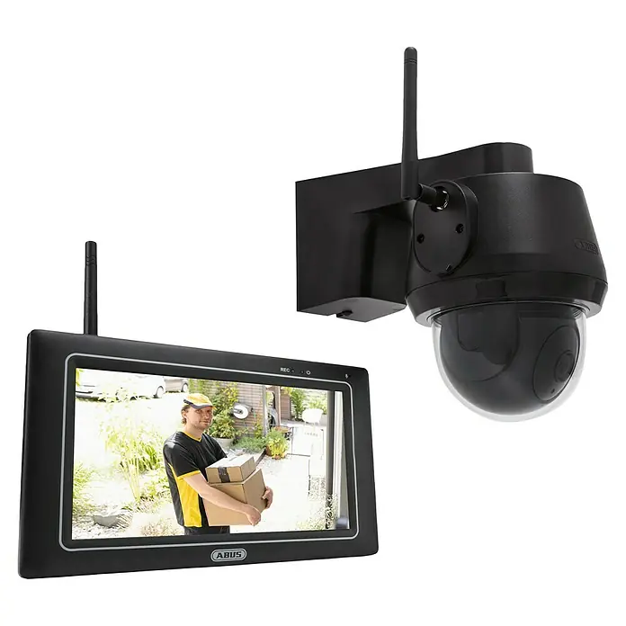 Abus Überwachungskamera-Set Kamera & Monitor Easylook PPDF17100 - Auflösung: 1.024 x 600 Pixel, Schwarz - Die ABUS Überwachungskamera mit Monitor zeigt einen Paketboten. Die Kamera ist schwarz und hat eine Antenne für die drahtlose Übertragung.