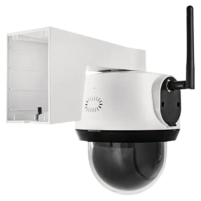 Abus Überwachungskamera Smartlook PPIC52520 WS - Auflösung: 4K Ultra HD/HDR, Weiß - Bild einer modernen, weißen PTZ-Überwachungskamera mit einem schwarzen Antenne auf einem schwarzen Hintergrund für den Außeneinsatz.