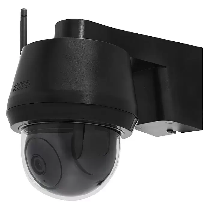 Abus Überwachungskamera PPIC52520 - Auflösung: 4K Ultra HD/HDR, Schwarz - Schwarze Dome-Überwachungskamera mit Antenne, an einer Wandhalterung montiert.