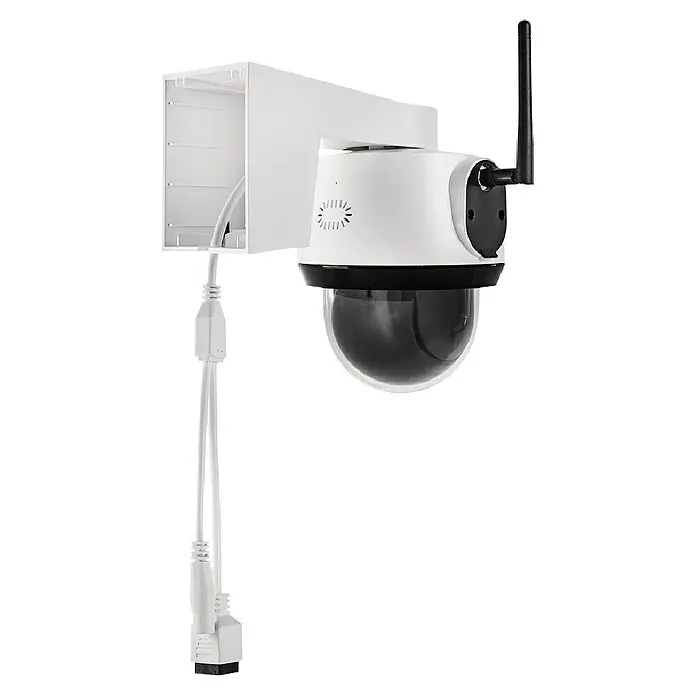 Abus Überwachungskamera Smartlook PPIC52520 WS - Auflösung: 4K Ultra HD/HDR, Weiß - Eine weiße Überwachungskamera mit Antenne und Kabel, montiert an einer weißen Box. Ideal für die diskrete Videoüberwachung.