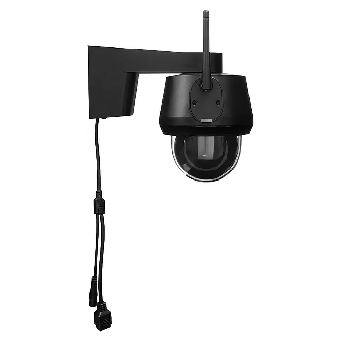 Abus Überwachungskamera PPIC52520 - Auflösung: 4K Ultra HD/HDR, Schwarz - Schwarze PTZ-Überwachungskamera mit Dome-Objektiv, an einer Wandhalterung montiert. Sie hat eine Antenne und Anschlusskabel.