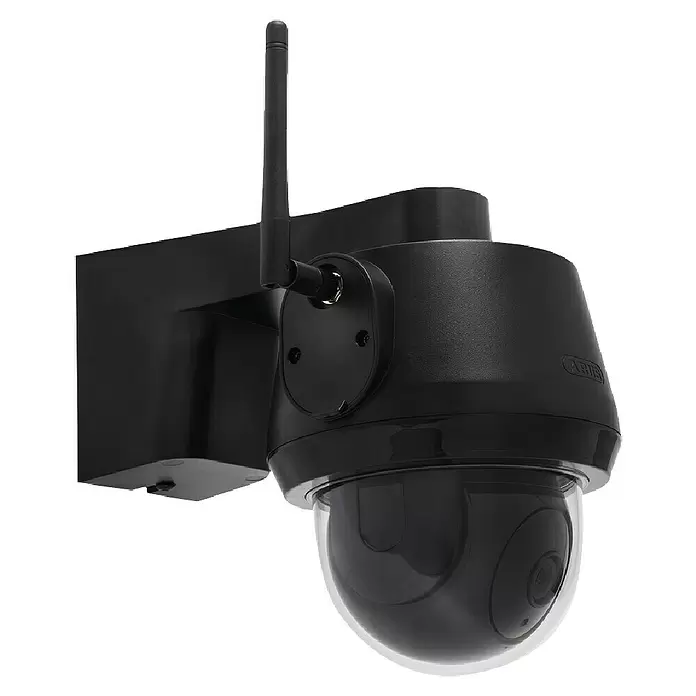 Abus Überwachungskamera PPIC52520 - Auflösung: 4K Ultra HD/HDR, Schwarz - Schwarze Kuppel-Überwachungskamera mit klarer Kuppel und Antenne, an einer Wandhalterung montiert.