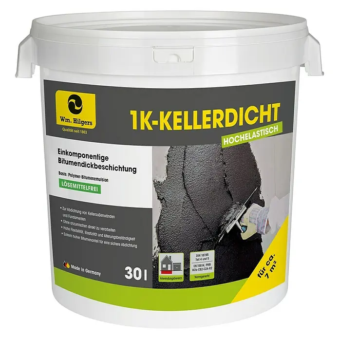 Bitumen-Dickbeschichtung 1 K - 30 l, Schwarz - Bild eines Eimers 1K-Kellerdicht, einer einkomponentigen Bitumendickbeschichtung zur Kellerabdichtung mit hoher Elastizität und Lösungsmittelfreiheit.