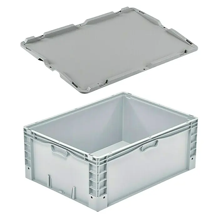Surplus Systems Caja de almacenaje Eurobox - L x An x Al: 80 x 60 x 32 cm, Capacidad volumétrica: 132 l, Plástico - Imagen de un contenedor de almacenamiento de plástico gris con tapa a juego, ideal para un almacenamiento y transporte eficientes.