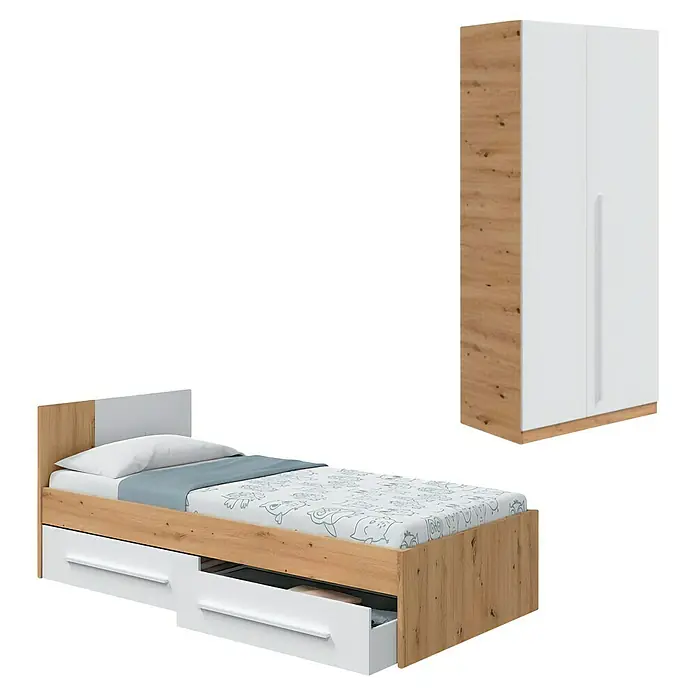 Armario para ropa y cama Noa - Roble Nodi/Blanco Artik - Cama individual con espacio de almacenamiento y un armario a juego con el mismo diseño. La cama es de color marrón claro con detalles blancos.