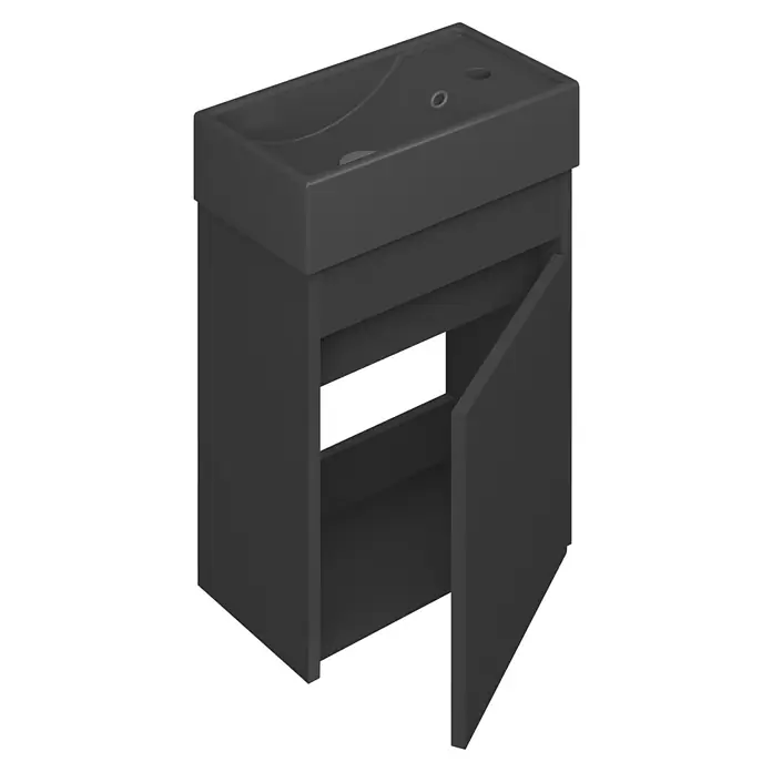 Astor Ombra Badmöbel-Set - 40 cm, Schwarz, Matt - Graues Waschbeckenunterschrank mit offener Tür. Das Waschbecken ist in das Design integriert und die Tür bietet Stauraum.
