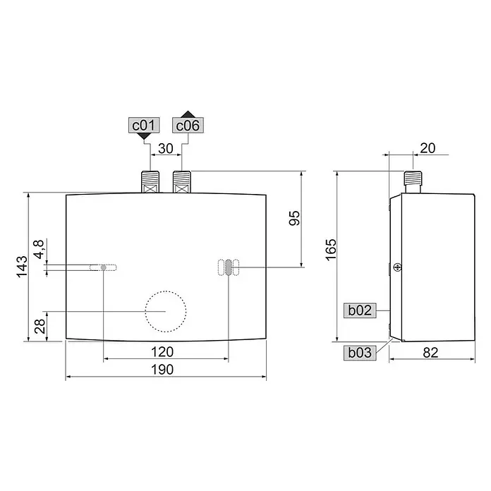 Zanker Kleindurchlauferhitzer MDG 44 - 4,4 kW, Hydraulisch, Geschlossen - Technische Zeichnung des Produkts mit detaillierten Maßen für Breite, Höhe und Tiefe, sowie Anschlussdetails.