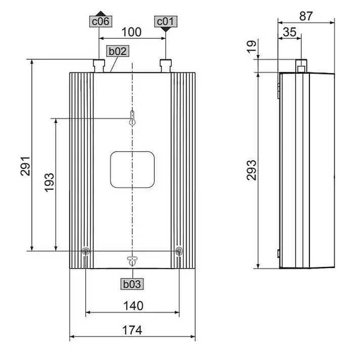 Zanker Durchlauferhitzer DE 13 KE - 13,5 kW, Elektronisch, Geschlossen, 6,4 l/min - Technische Zeichnung eines kastenförmigen Gerätes mit Maßangaben für Montage und Installation.
