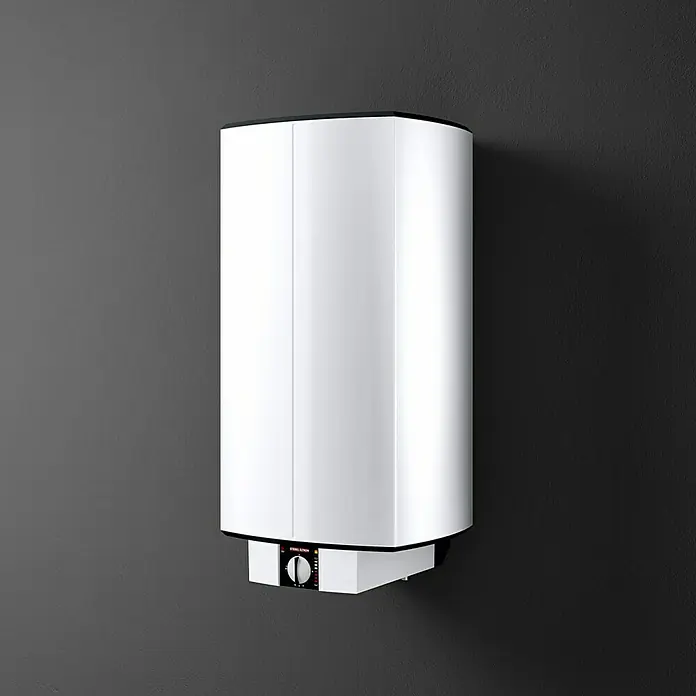 Stiebel Eltron Warmwasserspeicher SH 50 S - 50 l, Temperaturbereich: 35 °C - 85 °C - Ein eleganter, weißer Warmwasserspeicher mit schwarzem Rand hängt an einer grauen Wand und sorgt für stilvolle Effizienz in Ihrem Zuhause.