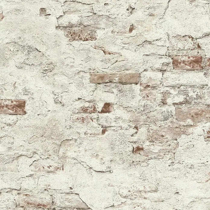 Rasch Vliestapete Bruchstein - Rot/Beige/Weiß, Steinoptik, 10,05 x 0,53 m - Wandbild einer alten, verputzten Ziegelmauer mit freiliegenden Ziegelsteinen. Rustikaler Charme für moderne Innenräume mit diesem Wandbild.