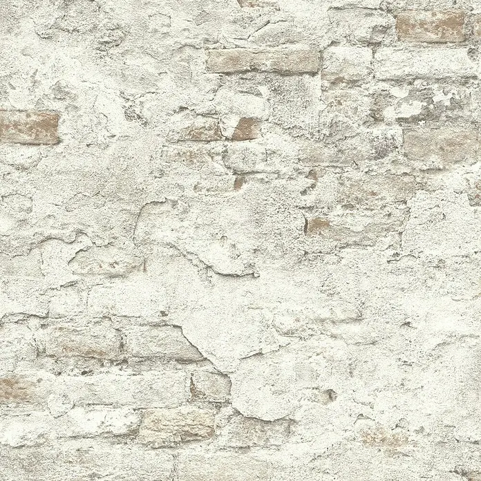 Rasch Vliestapete Bruchstein - Grau/Rostbraun, Steinoptik, 10,05 x 0,53 m - Nahaufnahme einer texturierten Backsteinmauer mit abblätterndem Putz und rustikalem Charme, ideal für Hintergründe.