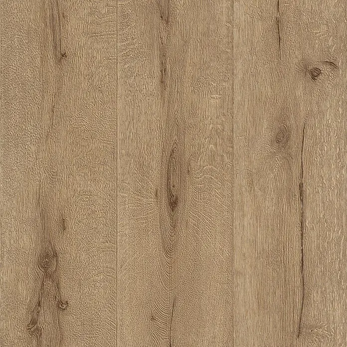 Rasch Vliestapete Holz I - Braun, Holzoptik, 10,05 x 0,53 m - Nahaufnahme von hellbraunem Laminatboden mit einer sichtbaren Holzmaserung und Astlöchern für eine realistische Optik.