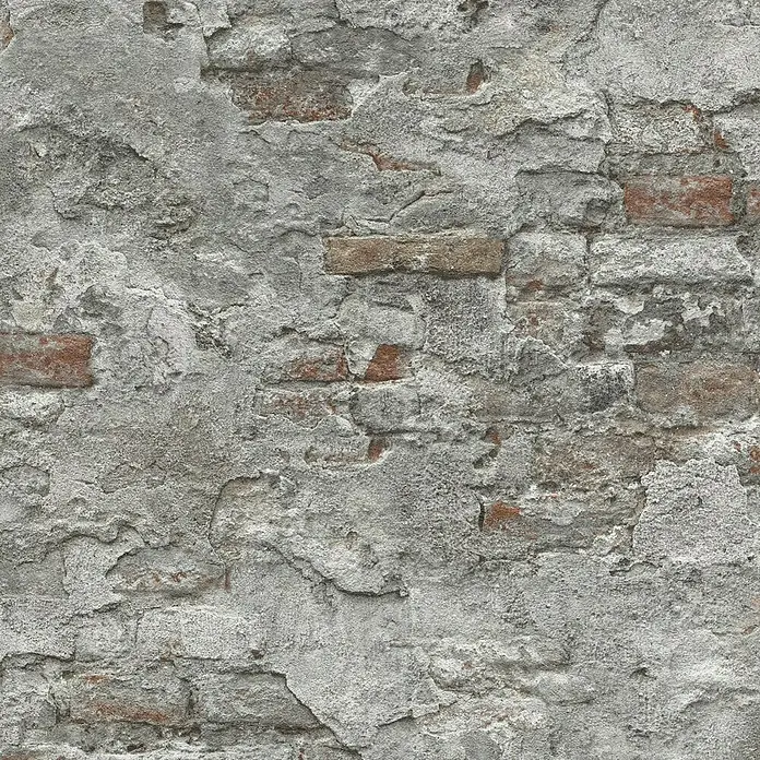 Rasch Vliestapete Bruchstein - Rot/Grau, Steinoptik, 10,05 x 0,53 m - Strukturierte Backsteinmauer mit abblätterndem Putz in Grau- und Rottönen, die eine rustikale und industrielle Optik erzeugt.