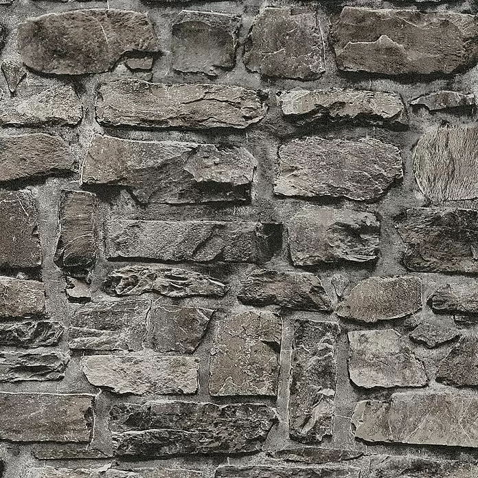 A.S. Création Il Decoro Vliestapete Steine - Anthrazit, Steinoptik, 10,05 x 0,53 m - Rustikale Steinwand mit unregelmäßigen grauen und braunen Natursteinen und sichtbaren Mörtelfugen.