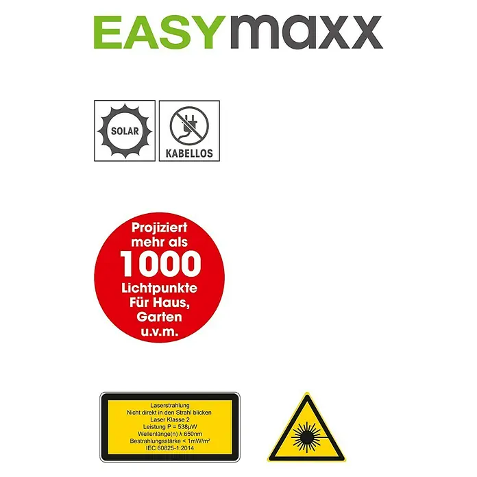 Solar-Laserstrahler Easymaxx - 3,2 V, Li-Ionen - EASYmaxx Laser-Lichterprojektor: Solarbetrieben, kabellos, projiziert über 1000 Lichtpunkte für Haus und Garten. Laserklasse 2 Warnhinweis.