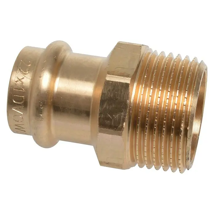 Press-Übergangsmuffe - Durchmesser: 22 mm, Außengewinde: 1″, Presskontur: V - Messingfitting mit Gewindeanschluss, ideal für Sanitär- und Heizungsinstallationen. Langlebig und zuverlässig.