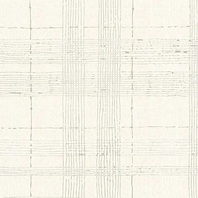Marburg Casual Vliestapete Karrierte Linien - Beige, Streifen, 10,05 x 0,53 m - Nahaufnahme eines elfenbeinfarbenen Gewebes mit einem dezenten Plaidmuster, das Textur und schlichte Eleganz vereint.