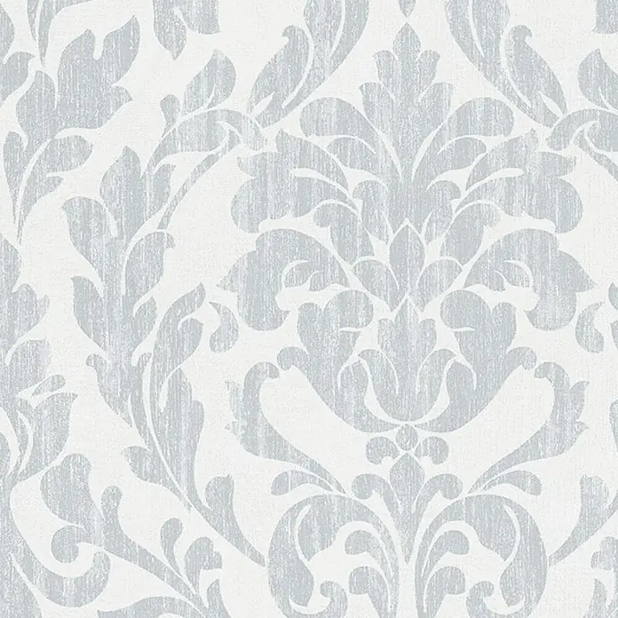 Marburg Nabucco Vliestapete - Grau/Weiß, Ornament, 10,05 x 0,53 m - Ein luxuriöses, grau-weißes Damastmuster-Tapetendesign. Die Tapete besticht durch komplizierte florale und ornamentale Details, die eine elegante Optik bieten.