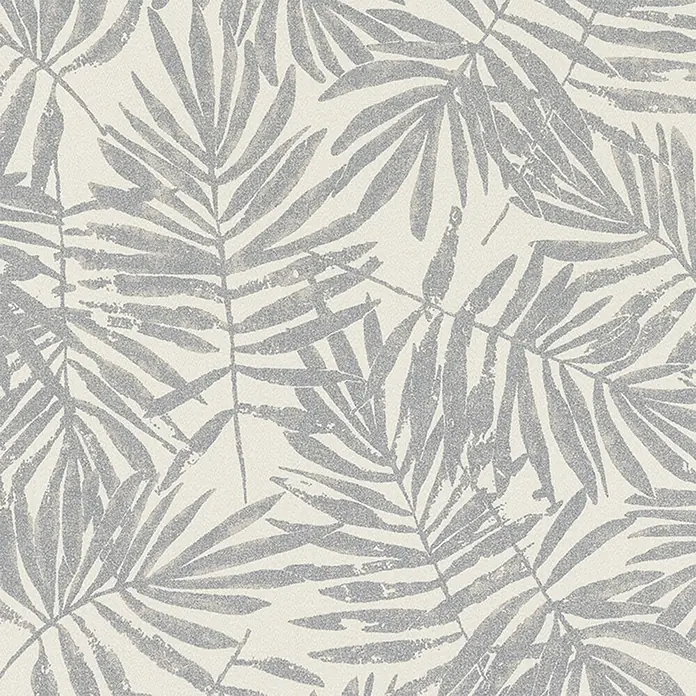 Marburg La Veneziana IV Vliestapete Palmenblätter - Grau/Beige, Floral, 10,05 x 0,53 m - Tapete mit grauem Palmblattmuster auf hellem Hintergrund, ideal für Wohnräume mit natürlicher Ästhetik.