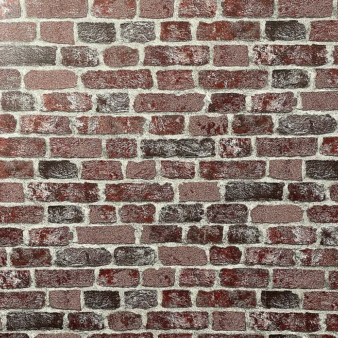 Marburg Sand & Stones Vliestapete Steinmauer II - Rot, Steinoptik, 10,05 x 0,53 m - Detailaufnahme einer strukturierten Backsteintapete mit roten und braunen Ziegeln, die ein rustikales Ambiente erzeugt.