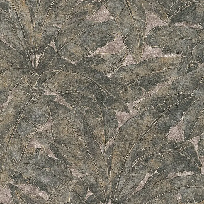 A.S. Création Metropolitan Stories Vliestapete Blätter - Braun/Grau, Floral, 10,05 x 0,53 m - Das Bild zeigt eine Nahaufnahme eines dekorativen Wandbildes mit großen, stilisierten Blättern in gedämpften Grau- und Brauntönen.