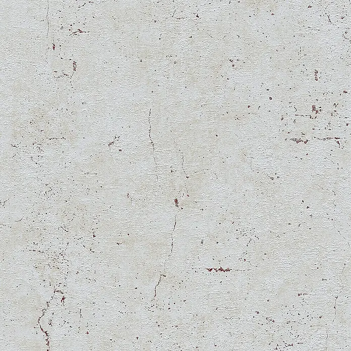 A.S. Création Metropolitan Stories Vliestapete Betonoptik - Grau/Beige, Betonoptik, 10,05 x 0,53 m - Detailaufnahme einer weißen Wand mit rötlichen Abplatzungen und feinen Rissen, die eine lebendige, strukturierte Oberfläche zeigen.