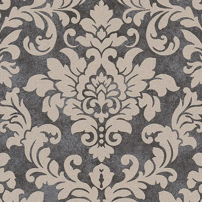 A.S. Création Trendwall Vliestapete Ornament - Schwarz/Beige, Ornament, 10,05 x 0,53 m - Nahaufnahme einer eleganten Damasttapete mit einem detailreichen, floralen Muster in Beige- und Grautönen, ideal für stilvolle Raumgestaltung.