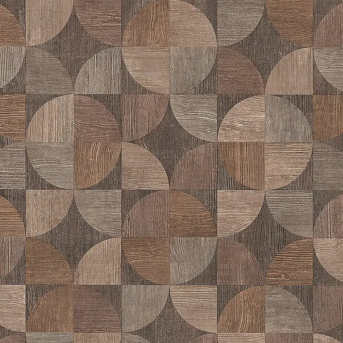 A.S. Création Metropolitan Stories Vliestapete Holzdesign - Dunkelbraun, Holzoptik, 10,05 x 0,53 m - Holzmuster-Hintergrund mit Kreisen und Quadraten in verschiedenen Braun- und Beigetönen, das eine warme, rustikale Textur erzeugt.