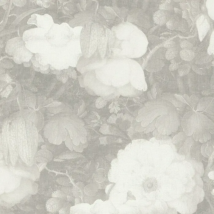 A.S. Création Metropolitan Stories Vliestapete Aquarell-Blume - Grau/Creme, Floral, 10,05 x 0,53 m - Elegantes Blumenmuster in Weiß auf grauem Hintergrund. Das Design erzeugt eine ruhige und stilvolle Atmosphäre mit floraler Ästhetik.