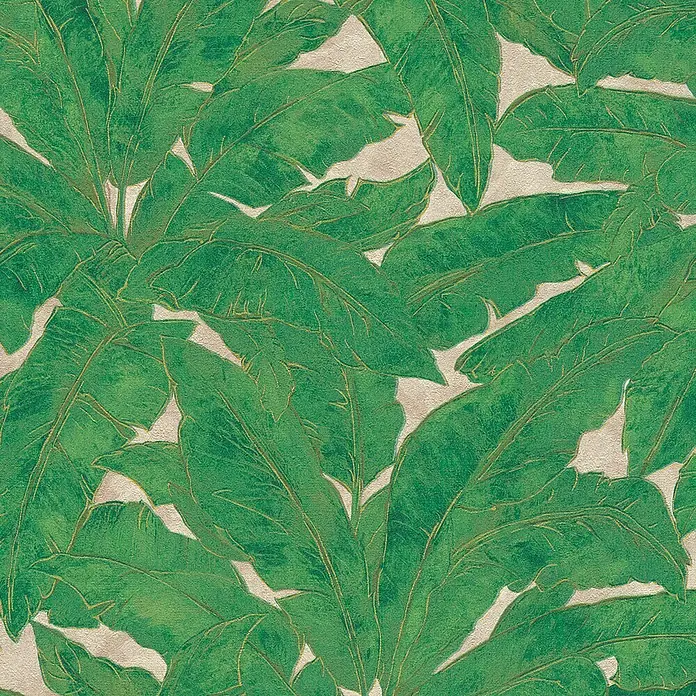A.S. Création Metropolitan Stories Vliestapete Blätter - Grün/Braun, Floral, 10,05 x 0,53 m - Nahtloses Muster mit grünen Bananenblättern und goldenen Akzenten auf beigem Hintergrund für stilvolle Wandgestaltung.