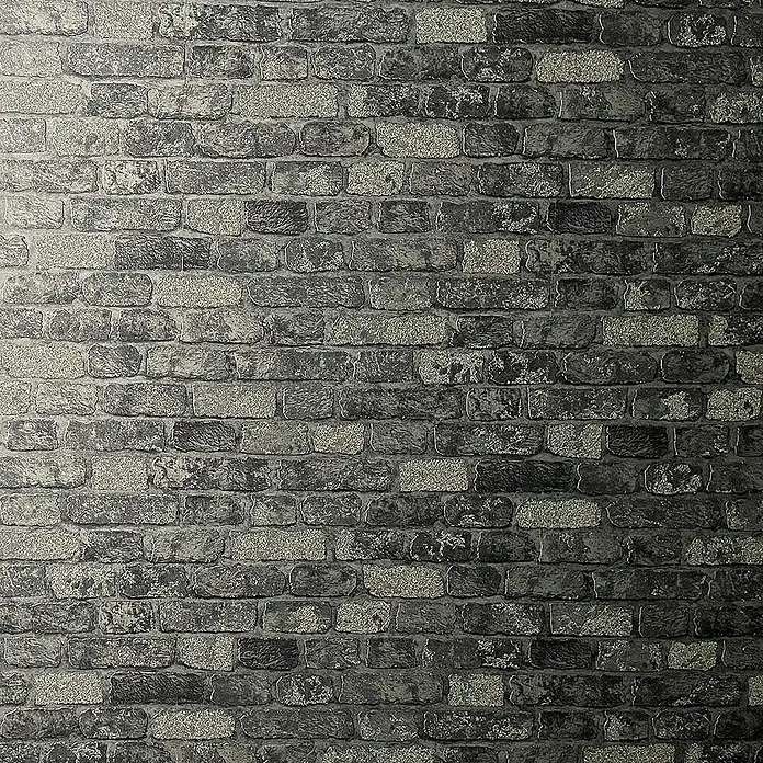 Marburg Sand & Stones Vliestapete Steinmauer I - Grau/Dunkelgrau, Steinoptik, 10,05 x 0,53 m - Nahaufnahme einer strukturierten Ziegelwandtapete in Grau- und Schwarztönen, ideal für moderne Raumgestaltungen und Akzentwände.
